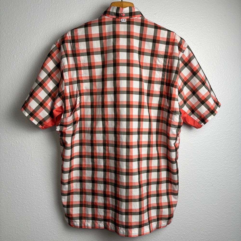 Under Armour Mens L Plaid Button Up Shirt Orange Gray HeatGear Vent Short Sleeve - Picture 2 of 13